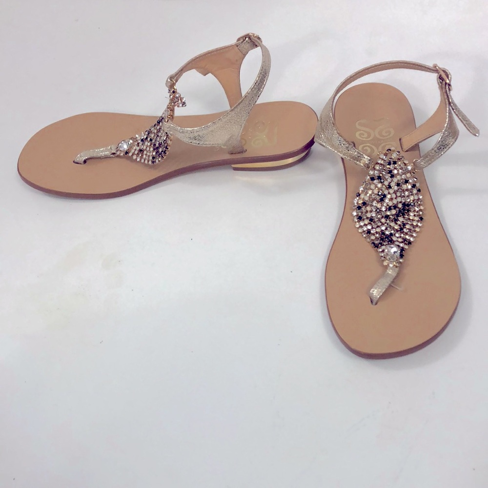 Positano 37 Sandal Shoe Gold Metallic Crystal Leather Adjustable Strap Excellent
